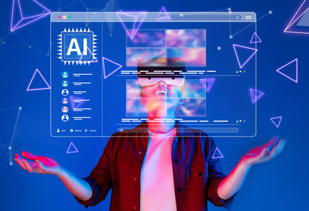 A captivating visual showcasing a person in virtual reality, exploring advanced concepts of artificial intelligence and generative design amidst dynamic graphics.の写真素材