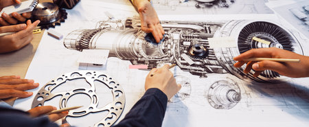 A group of engineers collaborating on technical drawings of an engine, showcasing hands interacting with tools and components, emphasizing teamwork and creativity.の写真素材
