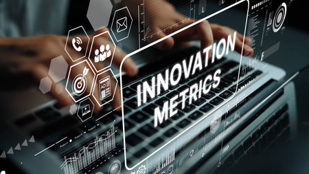 Hands Typing on Laptop with Innovation Metrics Data Visualization and Modern Technology Elements. Asymptotic smart data analytic.の写真素材