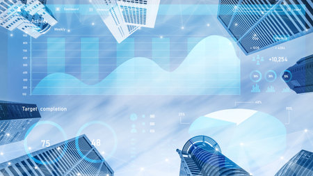 A unique view of a modern cityscape featuring towering buildings combined with financial data overlays, illustrating a blend of urban life and business analytics. Imputeの写真素材