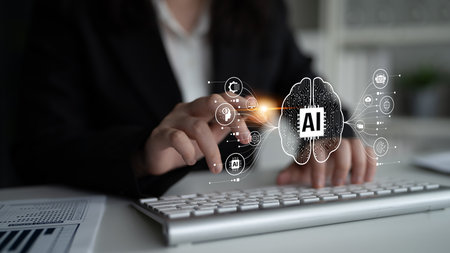 AI assistant with LLM, big data, machine learning, and generative AI powers prompt engineering and supports agentic AI for advanced business applications.の写真素材