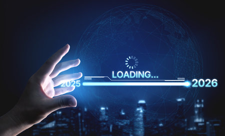 Visualizing the shift from 2025 to 2026. Progress bar symbolizing advancement, strategic foresight, yearly goal-setting, and business transformation for the upcoming year. Splineの写真素材