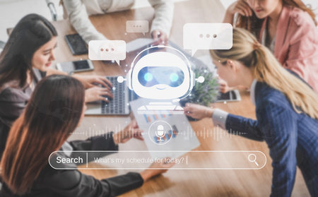 AI assistant with voice chat interface, combining smart chatbot, voice command, and AI-powered control search tools. Agentic AI assistant helps users search and chat naturally.の写真素材