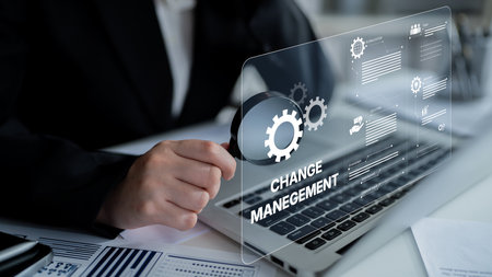 Change management strategy combining innovation, globalization, and teamwork to enable business transformation and emotional engagement in modern organizationsの写真素材