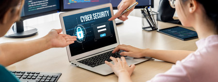 Cyber security system on computer screen protect private information brisk from hacker and cyber attackの写真素材