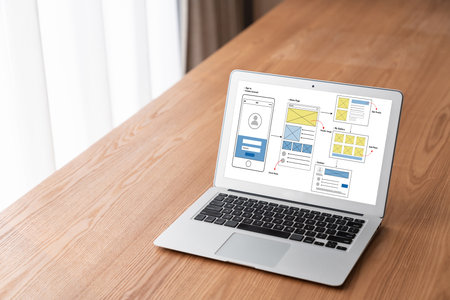 UX UI design process for modish mobile application and website . Creative prototype of wireframe for...