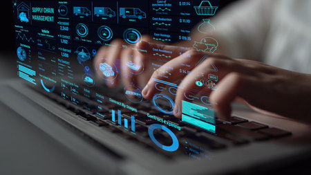Supply chain management interface showing delivery routes, warehouse efficiency, cost savings,...