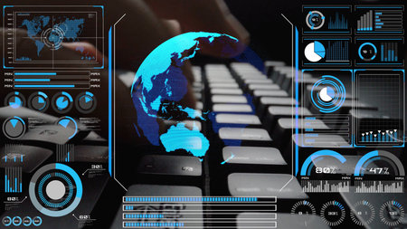 High-tech global network connection interface showing worldwide digital communication, data...
