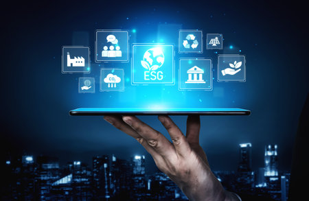 ESG principles guide sustainable business through environment, social, and governance. ESG enhances responsibility, transparency, and values.の写真素材