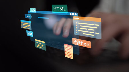 Software development with coding overlays, programming languages, developer tools, mobile app...