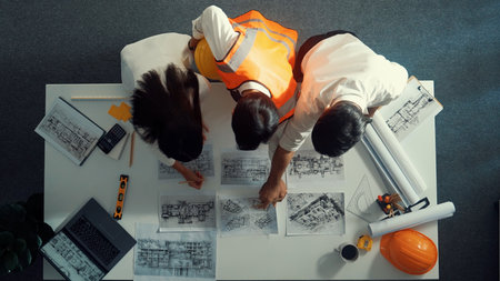 Top down view of smart architect engineer place document at meeting table with safety helmet and...