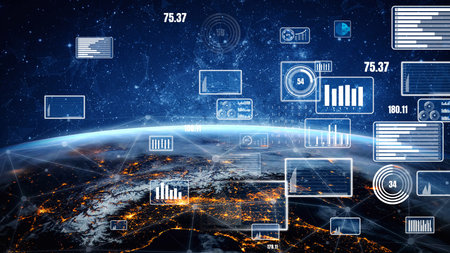 A stunning depiction of a futuristic digital data interface overlaying Earth, showcasing various graphs and statistics to illustrate global data trends and analytics.の写真素材