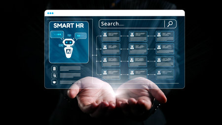 A pair of hands holds a glowing digital interface depicting smart HR technology, showcasing AI capabilities and a user-friendly database search function in a modern design.の写真素材