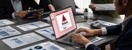 Cyber attacking concept. Malware alert showing on computer screen display scam and threat detection...