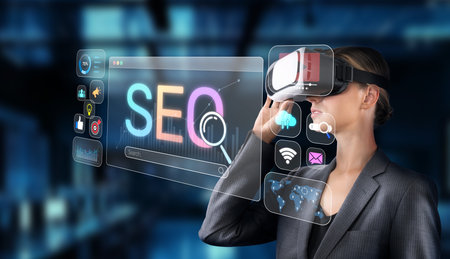 A professional using virtual reality technology engages with digital marketing tools related to SEO, exploring innovative strategies for visibility and online traffic growth.の写真素材