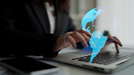 Global network connection visualization showing data exchange, digital link, worldwide...