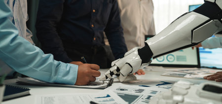 A dynamic scene showing a robot arm assisting a human in a collaborative business meeting,...