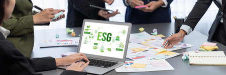 Analyst team use sticky note for creative and analytic brainstorm for business idea with data dashboard on laptop screen. Analysis financial data visualization tech for marketing strategy.の写真素材