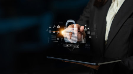 Cybersecurity protection system showing password encryption, fingerprint ID, cloud security, email,...