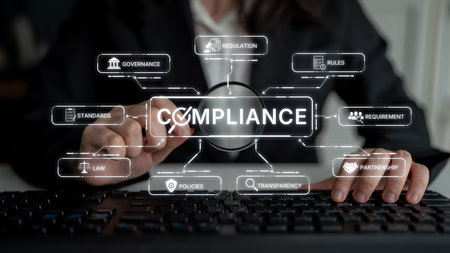 Compliance ensures alignment with standards, laws, and policies. A strong compliance system helps enforce regulation, protect organizations, and improve global compliance transparency.の写真素材