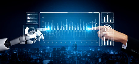 AI artificial intelligence drives data analytics with predictive models, smart dashboards, and...