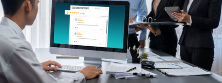 Business intelligence and data analysis concept. Analyst team working on financial data analysis dashboard on laptop screen as marketing indication for effective business strategic planning. Insightの写真素材