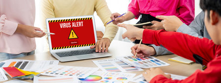 Virus warning alert on computer screen detected brisk cyber threat , hacker, computer virus and...