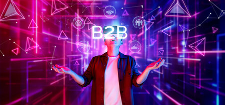 A vibrant representation of B2B business dynamics showcasing the digital supply chain and online commerce, emphasizing connectivity, strategy, and innovative opportunities.の写真素材