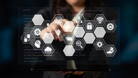Hexagon interface combining AI, data, analytics, and cybersecurity. AI connects systems, data drives...