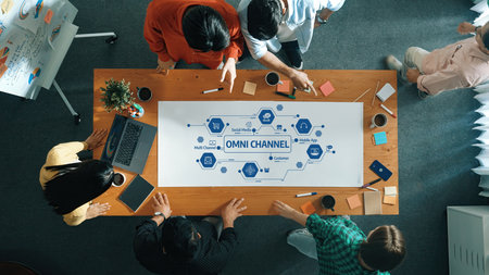 Collaborative Team Meeting on Omni Channel Strategy with Diverse Professionals Engaged in Brainstorming Ideas Around Modern Marketing Concepts.の写真素材