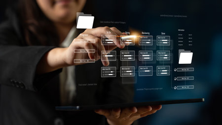 Project management system showing workflow stages, task progress, and review status. Task progress tracks completion, task progress improves workflow, and task progress ensures visibility.の写真素材