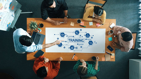 Top view of business people discussing and explaining about plan. Top view of marketing team working...