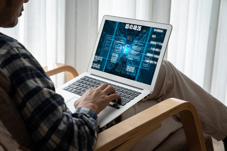 Software development or programming work with coding screen of various programming languages like HTML and C brisk for new application developmentの写真素材