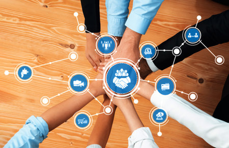 This image illustrates a diverse team collaborating and connecting through business icons,...