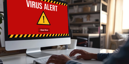 Virus warning alert on computer screen detected brisk cyber threat , hacker, computer virus and malwareの素材