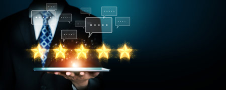 Business person analyzes customer experience satisfaction review data, striving to improve service quality. Leveraging reviews to enhance customer satisfaction and loyalty. EIDEの写真素材