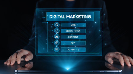 Digital marketing strategy broken down into categories: web, SEO, content, social media, and advertise. Digital tools enhance online marketing success across digital platforms. Elideの写真素材