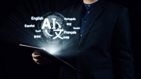 Global communication with multiple languages, digital translation tools, multilingual technology, cross-cultural communication, and virtual language learning environments. Elideの写真素材