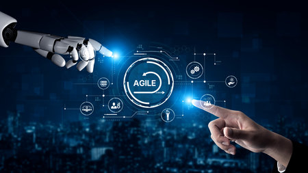 AI enhances agile projects with smart planning tools, virtual collaboration, and intelligent sprint optimization for continuous improvement. Artificial intelligence splineの写真素材