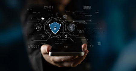 Cyber security interface with biometric and AI-powered protection system. Cyber security secures...