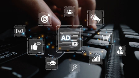 Online ads and digital marketing help brands grow. Content marketing builds engagement. Marketing tools boost ROI. Effective ads and marketing drive online business success.の写真素材