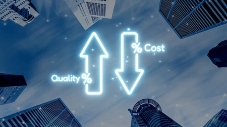 Business concept showing cost reduction and quality increase using Lean, Six Sigma, and Total Quality Management (TQM) to enhance efficiency, value, and customer satisfaction.の写真素材