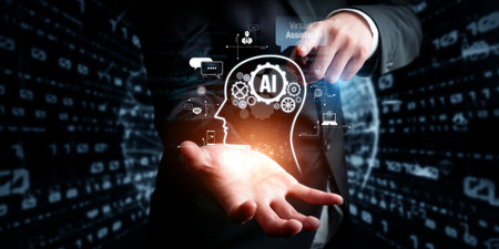 Human interact with AI artificial intelligence virtual assistant chatbot in concept of AI artificial...