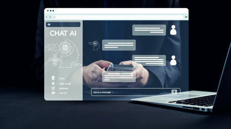 A businessman interacts with chat AI using his smartphone, surrounded by message bubbles and digital...