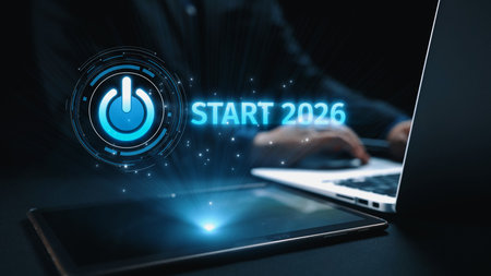 Start 2025 concept with futuristic power button symbolizing fresh beginnings, innovation, and...