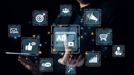 Online ads and digital marketing help brands grow. Content marketing builds engagement. Marketing tools boost ROI. Effective ads and marketing drive online business success. Elideの写真素材