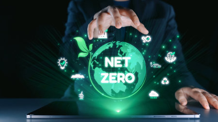 Conceptual image representing the idea of net zero with a glowing green planet and eco-friendly symbols emerging from a laptop, emphasizing sustainability and technology.の写真素材