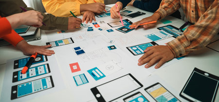 A vibrant design workshop scene illustrates a diverse group working together on mobile application prototypes, showcasing creativity and collaboration in action.の写真素材