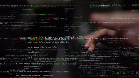 Visual representation of programming code overlays on a person hands typing, embodying the essence...