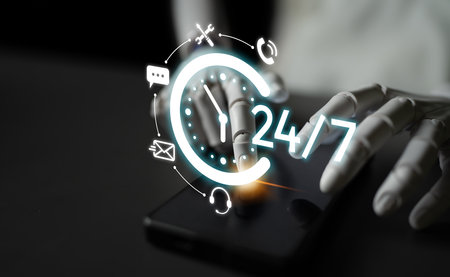 AI artificial intelligence supports 24-hour customer service with virtual assistants, real-time chat, and intelligent support tools ensuring fast, accurate, and satisfying experiences.の写真素材